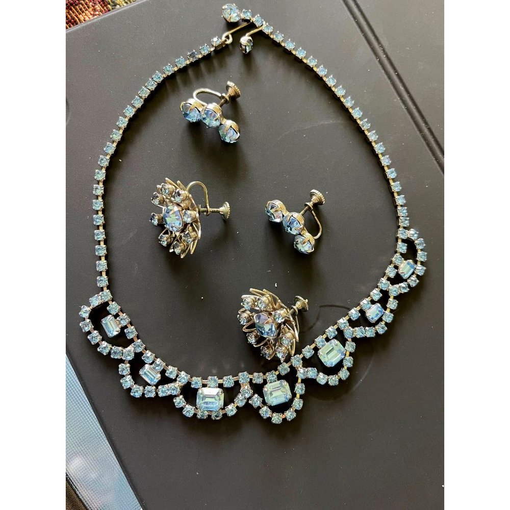Vintage Glass Rhinestone Blue Ice Set With Two Sets Earrings